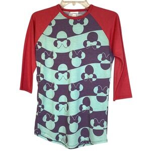LuLaRoe Disney Randy Tee Shirt Womens XS Minnie Mouse Raglan Red Teal New
